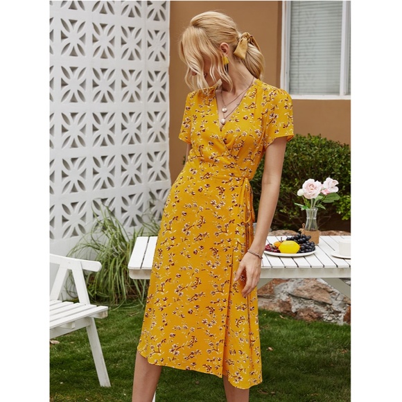 Yellow Floral Wrap Midi Dress - Picture 3 of 16